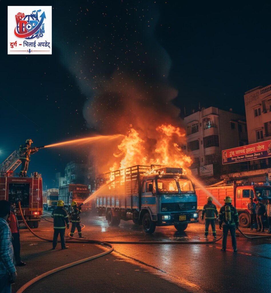 दुर्ग: पावर हाउस जोन में ट्रक बनी आग का गोला, दमकलकर्मियों की फुर्ती से बची रिहायशी बस्ती